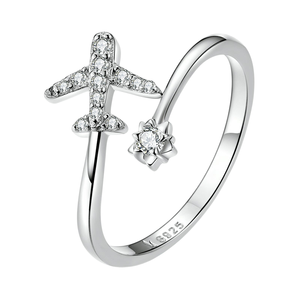 Anello Aperto a Forma di Aeroplano con Zirconi, Alla Moda, in Argento Sterling S925, Regolabile, Gioielli in Argento per Donne - Product Image 1