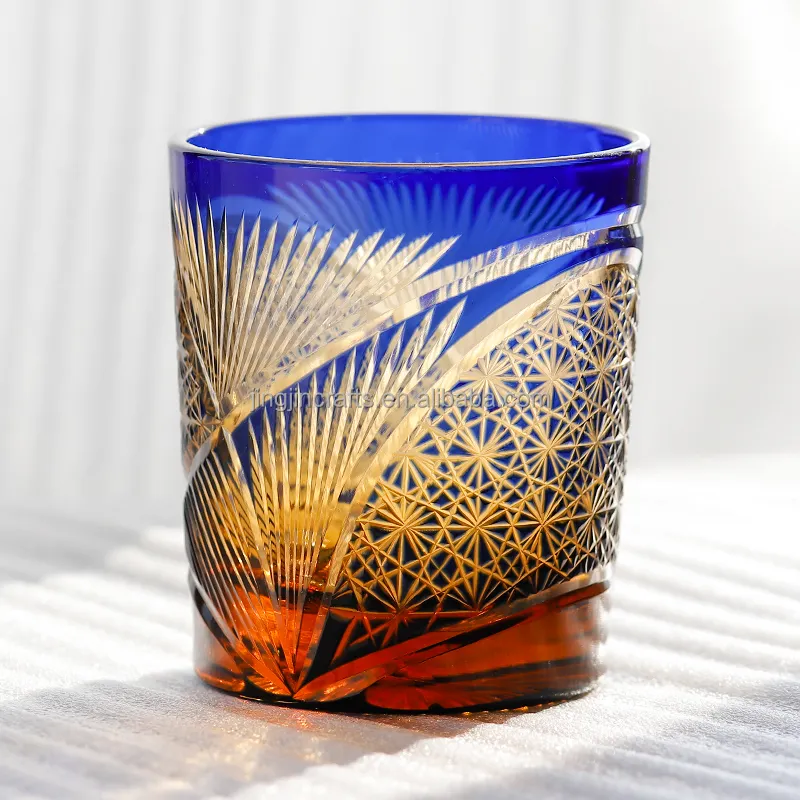 Old Fashioned Amber Blue Japanese Edo Kiriko Style Whiskey Glass Drinking Water Cup 8oz Tumbler for Beer Wine Cocktail