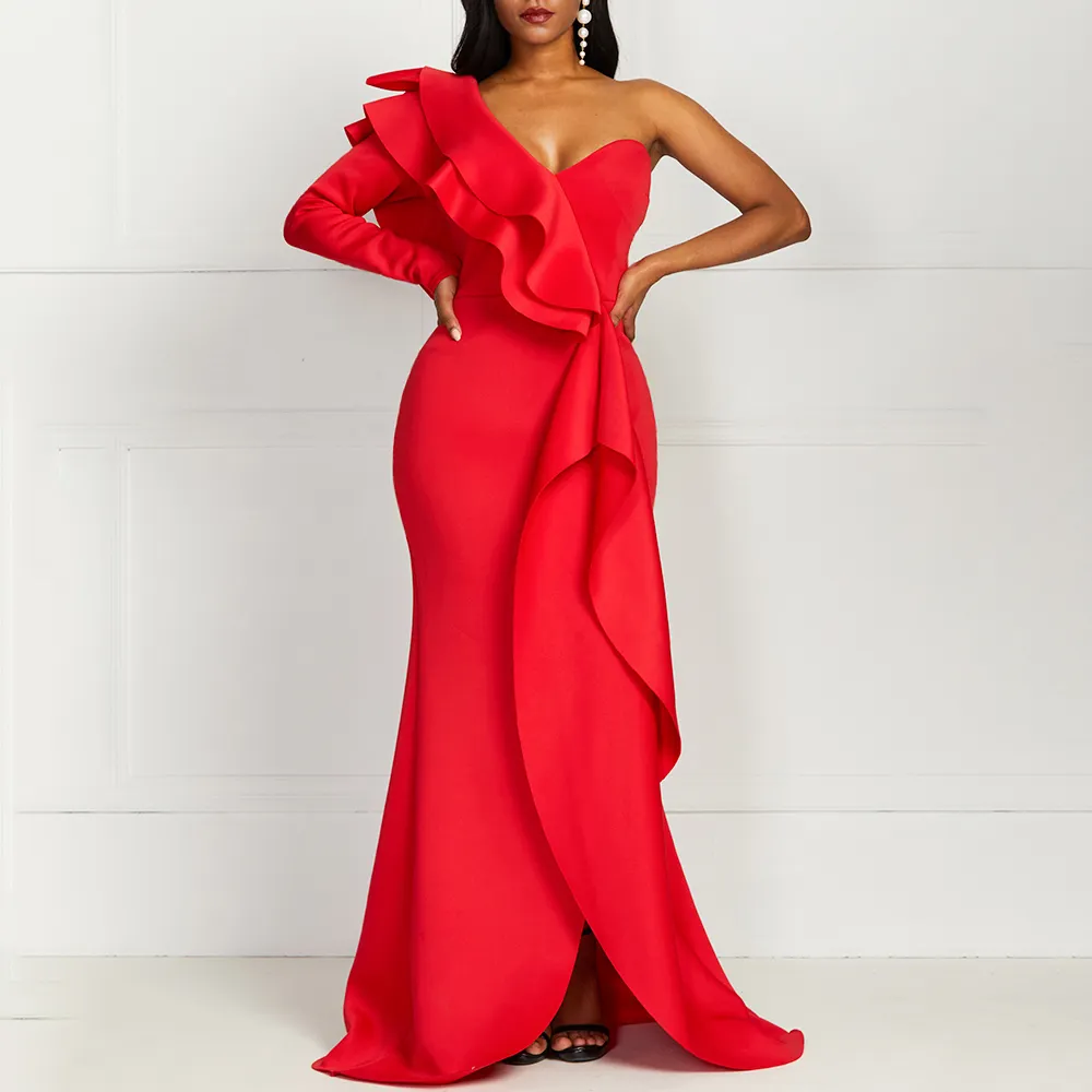 Afrikanische Art Elegante Party Sexy Abend Frauen Lange Kleider Eine Schulter Bodycon Split Weibliche Rüschen Maxi Red Dress Prom
