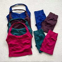 Conjunto de 2 piezas de sujetador deportivo y shorts de yoga de cintura alta color melocotón, con efecto de realce de abdomen y cadera, antichoque y cuello halter