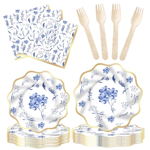 DAMAI - Vajilla Floral para Fiestas, Platos con Diseño de Flores, Tazas Florales, Cuchillos y Tenedores, Decoración para Baby Shower, Decoración para Despedida de Soltera en Azul y Dorado, Decoración para Fiesta de Té - Product Image 4