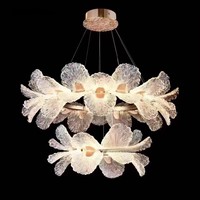 Lustre LED en verre doré style crème français, 500mm+800mm, avec commande par interrupteur et lumière tricolore, à suspension relevable pour villa