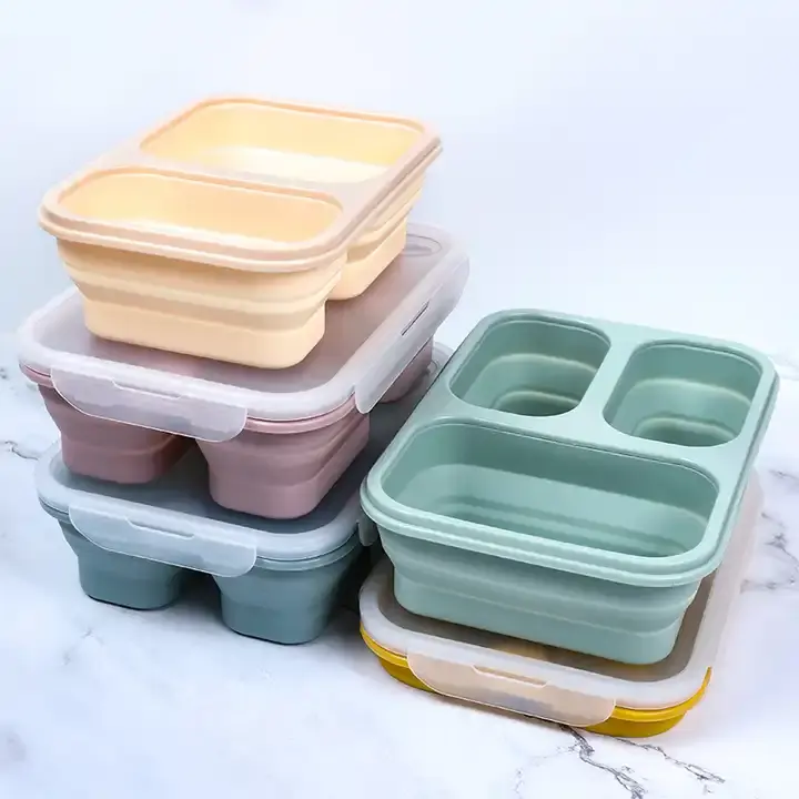 Kotak Bento kustom dengan tutup sendok garpu silikon kelas makanan 3 kompartemen kotak makan siang anak-anak Set aksesori untuk sekolah