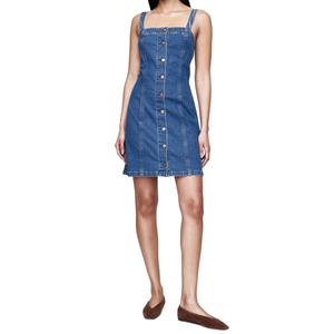 Vestido vaquero mini de verano para mujer, cuello cuadrado, botones frontales, tirantes tipo tank, elástico, muy vendido. - Product Image 1