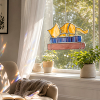 Attrape-soleil en vitrail Art Déco fait main sur mesure, motif chat et livre, décoration murale à suspendre HD-0571, cadeau pour maman, décoration de la maison