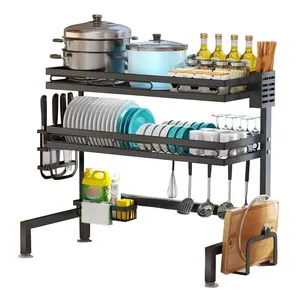 Rack de prato preto para bancada, 2 camadas, escorredor de utensílios de mesa, escorredor de cozinha, grande capacidade, para hotel, com armazenamento