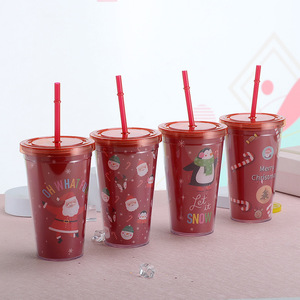 Christmas Themed Double Wall Plastic Straw Cup With Lid And Straw 500Ml For Holiday Gift - Product Image 2