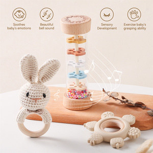 Nouvel ensemble de hochets animaux et de hochets de pluie, jouets de dentition en silicone en forme de fruits, instruments de musique en bois pour les cadeaux de premier anniversaire des jeunes enfants - Product Image 3