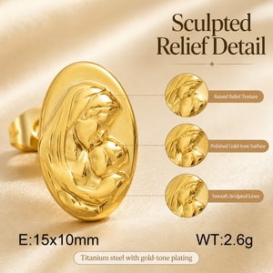 Boucles d'oreilles ovales de luxe en acier inoxydable plaqué or 18 carats avec la Vierge Marie en relief, boucles d'oreilles religieuses haut de gamme pour femmes, vente en gros - Product Image 5