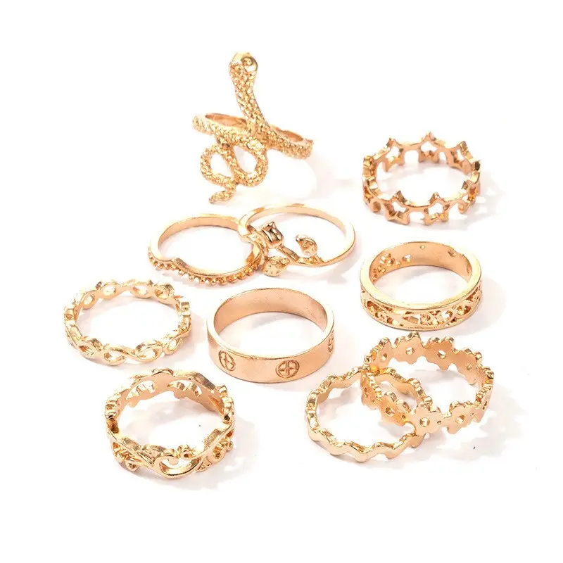 BNX jewelry Bohemian creative hollow out retro star rose snake shaped ring 10 piece set