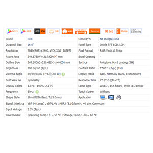 شاشة لابتوب LCD مقاس 16.0 بوصة بنسبة عرض إلى ارتفاع 16:10، طراز NE160QAM-N61، تقنية IPS، دقة 3840*2400، إضاءة WLED، واجهة EDP بـ 40 سنًا، تغطية 100% لنطاق ألوان sRGB، سطوع 800 شمعة/متر، نسبة تباين 1500:1، تردد 60 هرتز. - Product Image 6