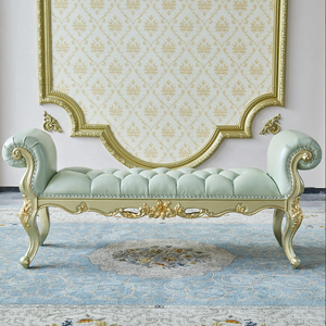 Tabouret de chevet en bois massif de style européen avec coussin en cuir, mobilier de chambre principale, banc sculpté, luxe haut de gamme - Product Image 1