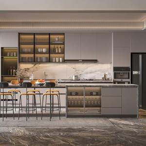 Cuisine ouverte moderne minimaliste sur mesure, armoires de cuisine en tons neutres, rangement en verre, armoires de cuisine en pierre de quartz, prêtes à assembler - Product Image 2