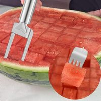 2-in-1 Handmatige RVS Watermeloen Snijder Vork Multifunctionele Fruit Snijder Kubus Snijder Draagbaar Keuken Gereedschap voor Feestjes
