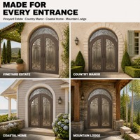 Porte d'entrée extérieure en fer forgé cintrée sur mesure, double vitrage trempé, étanche, pour projet de maison américaine moderne