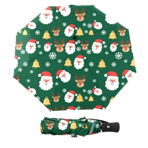 Custom Printed Christmas Folding <b>Umbrella</b> Green Santa Reindeer Bell Snowflake Pattern Black Handle Fully-<b>Automatic</b> Opening 190T - Product Image 1