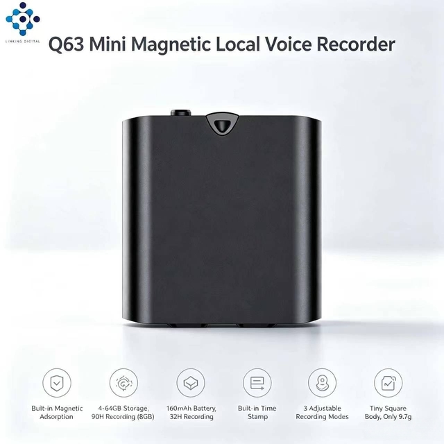 Q63 Ultra-thin 9.7g Magnetic Voice Recorder One-Tap VOX 32H Time-Stamp WAV Recording for Business Meeting Interview Lecture