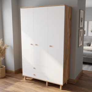 Modern Scandinavian Wardrobe with 3 Doors and 2 <b>Drawers</b> <b>White</b> and Wood Finish Freestanding <b>Bedroom</b> Furniture - Product Image 5