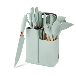 19 adet ahşap saplı silikon spatula gereçler mutfak pişirme araçları ve bıçaklar kesme tahtası ve tutucu ile set