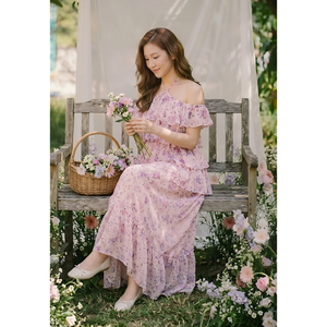 Robe longue florale rose pour femme, épaules dénudées, manches à volants, élégante, pour soirée d'été, taille haute, vente en gros, directement de l'usine - Product Image 1