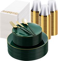 Ensemble de vaisselle en plastique vert de 350 pièces pour 50 invités, comprenant 100 assiettes vertes dorées, 150 couverts en plastique, 50 serviettes, 50 gobelets