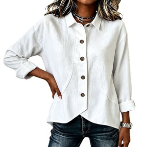 White Textured Women Blouse <b>Asymmetric</b> <b>Hem</b> Button Up Shirt Long Sleeve Casual Office <b>Top</b> - Product Image 1