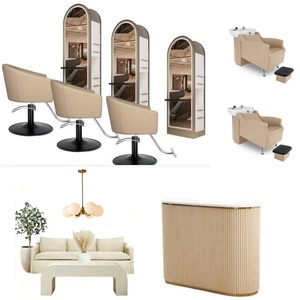 Muebles de Salón de Belleza Estación de Estilismo de Doble Cara con Espejo de Barbero para Peluquería en Arco de Madera con Luz Led - Product Image 1