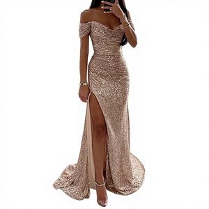 महिलाओं की शाम की पार्टी सोने की पोशाक पोशाक पहने हुए मत्स्यांगना ने महिलाओं को कंधे से विभाजित लंबी पोशाक की पोशाक - Product Image 1