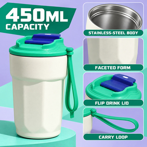 450ml Faceted Stainless Steel <b>Travel</b> Coffee <b>Cup</b> with Flip Drink Lid and Carry Loop Custom Logo OEM ODM - Product Image 2
