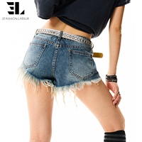 Celana Pendek Denim Jorts Wanita LARSUR Custom Factory, Model Distressed Washed Studded, Raw Edge, Potongan Crop, untuk Musim Panas