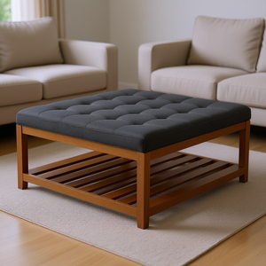 Tufted Coffee Table Ottoman Solid Wood Dark Gray Upholstered <b>Storage</b> Shelf 34.5 Inch Living Room Bedroom Furniture - Product Image 2