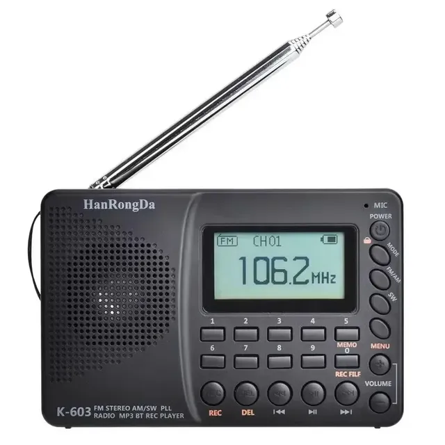 HRD-603 Portable Radio Pocket AM/FM/SW/BT/TF Pocket Radios USB MP3 Digital Recorder Support TF Card BT Speaker
