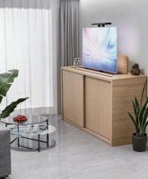 Meuble TV électrique moderne en bois massif avec rangement dissimulé et porte coulissante pour salon, mécanisme de levage électrique intégré