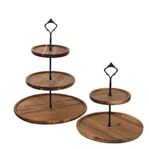 Toptan beyaz boyalı bitirmek ve ahşap saplı 2-katmanlı rustik akasya ahşap kek standı - Product Image 1