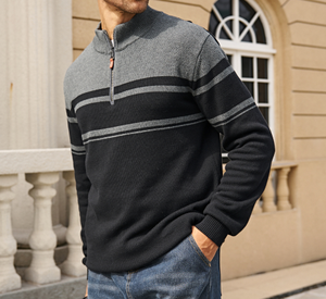Men's Casual Fall Winter Striped Pullover Sweater Cotton for <strong>Polo</strong> with Turtle <strong>Neck</strong> 1/4 Zip Closure Sweatshirts <strong>Jumpers</strong> - Product Image 1