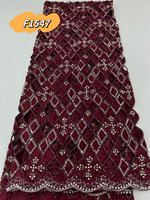 Tissu de dentelle africaine lourde perlée marron, broderie soluble dans l'eau, dentelle à strass et perles pour robe de soirée et robe de mariée F1547