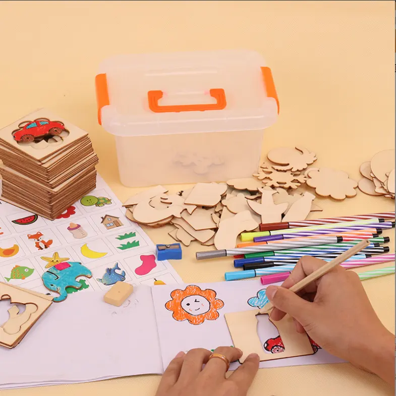 Enfants créatifs dessin jouets enfants bricolage outils de peinture modèles de dessin en bois