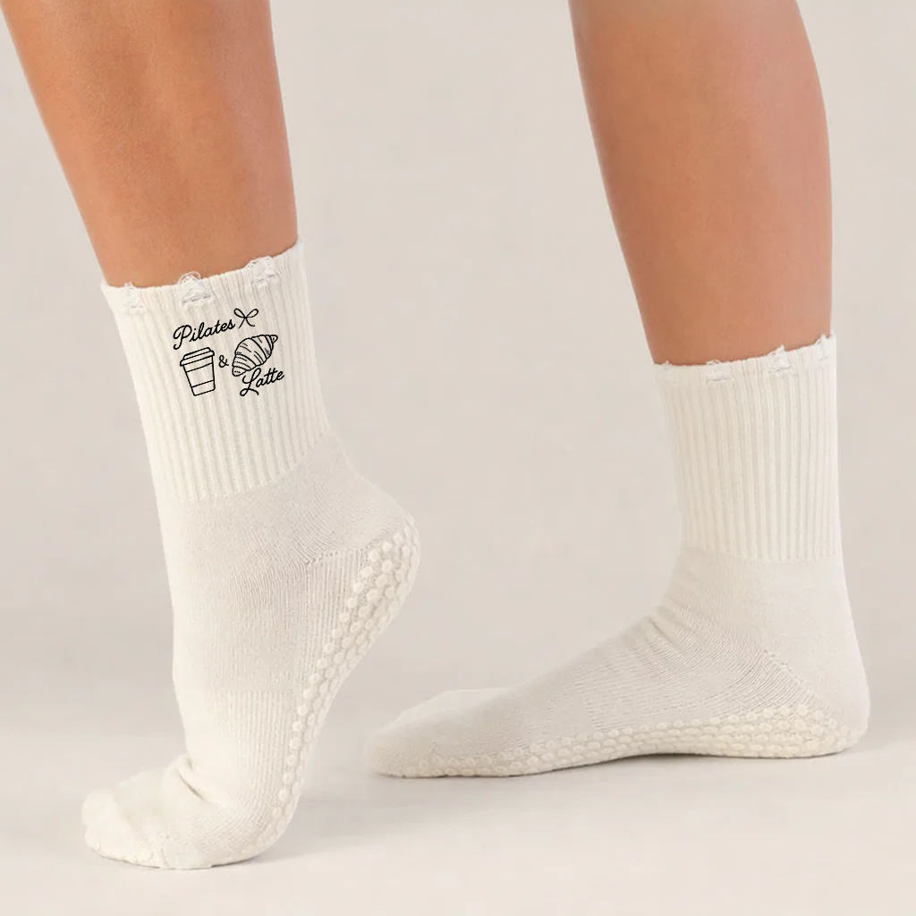 Distressed Grip Pilates Yoga Cotton Crew Socks with Embroidery Logo for Women Studio Training Custom Wholesale Socks