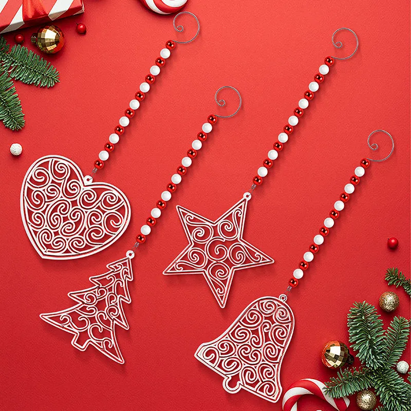 Pingente de plástico com miçangas para decoração de árvore de Natal, pingente de plástico com estrela/coração/árvore/campainha, presente de ano novo