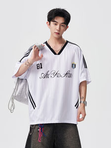 American-style Knitted Letter-print Contrast-color V-neck Sports Jersey Unisex Summer Loose-fit Casual T-shirt 100% Polyester - Product Image 1