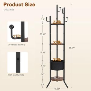 حامل معاطف دائري قائم بذاته مع 3 أرفف خشبية وسلة قماشية واحدة، شماعة ملابس معدنية بـ 5 خطافات - Product Image 4