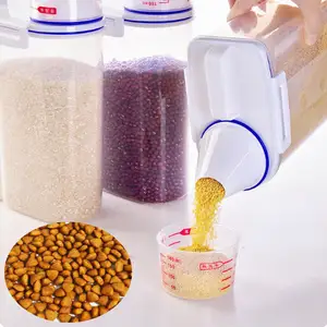 Seau à nourriture pour chien et chat Réservoir de stockage en plastique avec récipient à tasse à mesurer Bocal scellé étanche à l'humidité Accessoires pour animaux de compagnie Boîte de rangement de cuisine