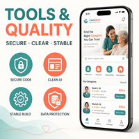Développement d'une application de marché pour les aidants, Smart Caregiver Service, compatible iOS et Android, avec profils d'aidants et vérifications de fonds d'identité.