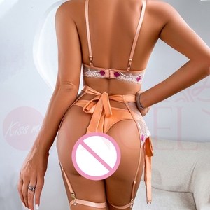 KISS ME ANGEL Sexy da donna Lingerie in pizzo Patchwork fantasia con nodo a fiocco giarrettiere trasparente per Neon scava da donna Sexy reggiseno e collant Set - Product Image 6