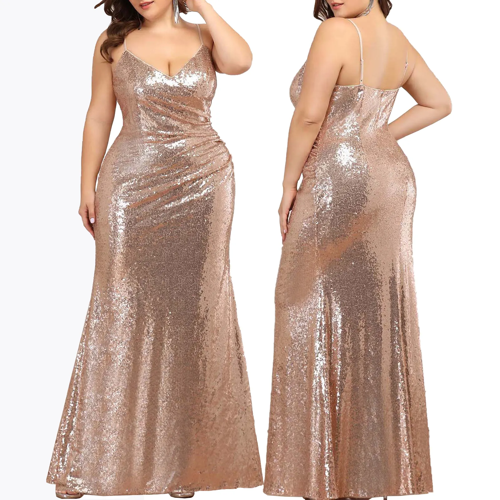 Plus Size Sexy Gold Sequin Cocktail Party Prom Ball Gown Women Lady Long Maxi Dinner Formal Elegant Evening Dress For Fat Woman