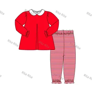 Boutique Girl Christmas Dress Pants Two-Piece Set Red Stripe Cotton Outfit Toddler Girl Fall Winter Clothing Set2023