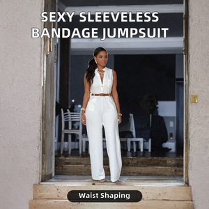 Combinaison en satin blanche sans manches, col en V, taille haute, avec ceinture, coupe ample, longueur intégrale, vêtements modernes pour femmes, printemps-été - Product Image 2