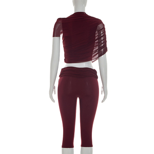 Viviblook J26ST024 Ensemble deux pièces pour femme : Gilet d'été en maille à manches irrégulières et plissées, et pantalon court taille haute - Product Image 3
