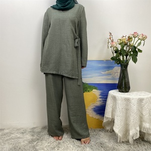 Conjunto de Dos Piezas de Lino Suave para Mujer, Moda 2025, con Cinturón Cruzado, Blusa Kimono, Pantalones con Bolsillos y Cintura Elástica, Estilo Abaya - Product Image 4