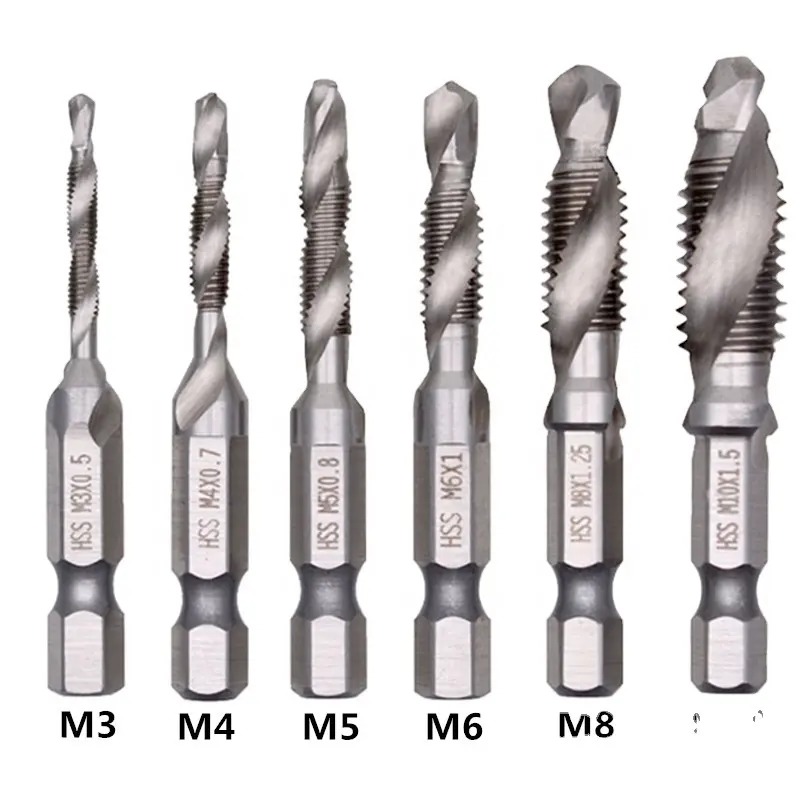 6PCS HSS4241 Hex Shank Spiral Screw Thread Taps Drill Bits Set Hex Tap Drill Bits Metric/Imperial Spiral Fluted Machine Screw